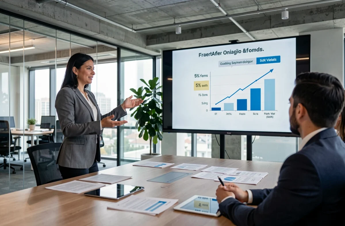 Femme cadre présentant une analyse de rendement à 5 % lors d'une réunion dans un bureau moderne