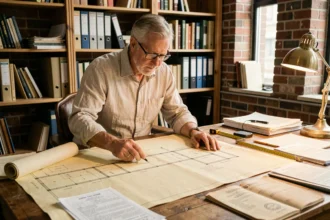 Homme examinant un plan architectural ancien pour prouver l'ancienneté d'une construction de plus de 10 ans