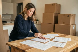 Femme consultant des documents administratifs pour obtenir une prime de déménagement dans un appartement en cours de déménagement