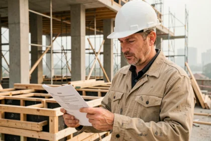 Professionnel du bâtiment consultant des documents d'assurance décennale sur un chantier de construction