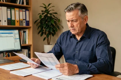 Un propriétaire immobilier analysant ses documents fiscaux liés au déficit foncier à son bureau à domicile
