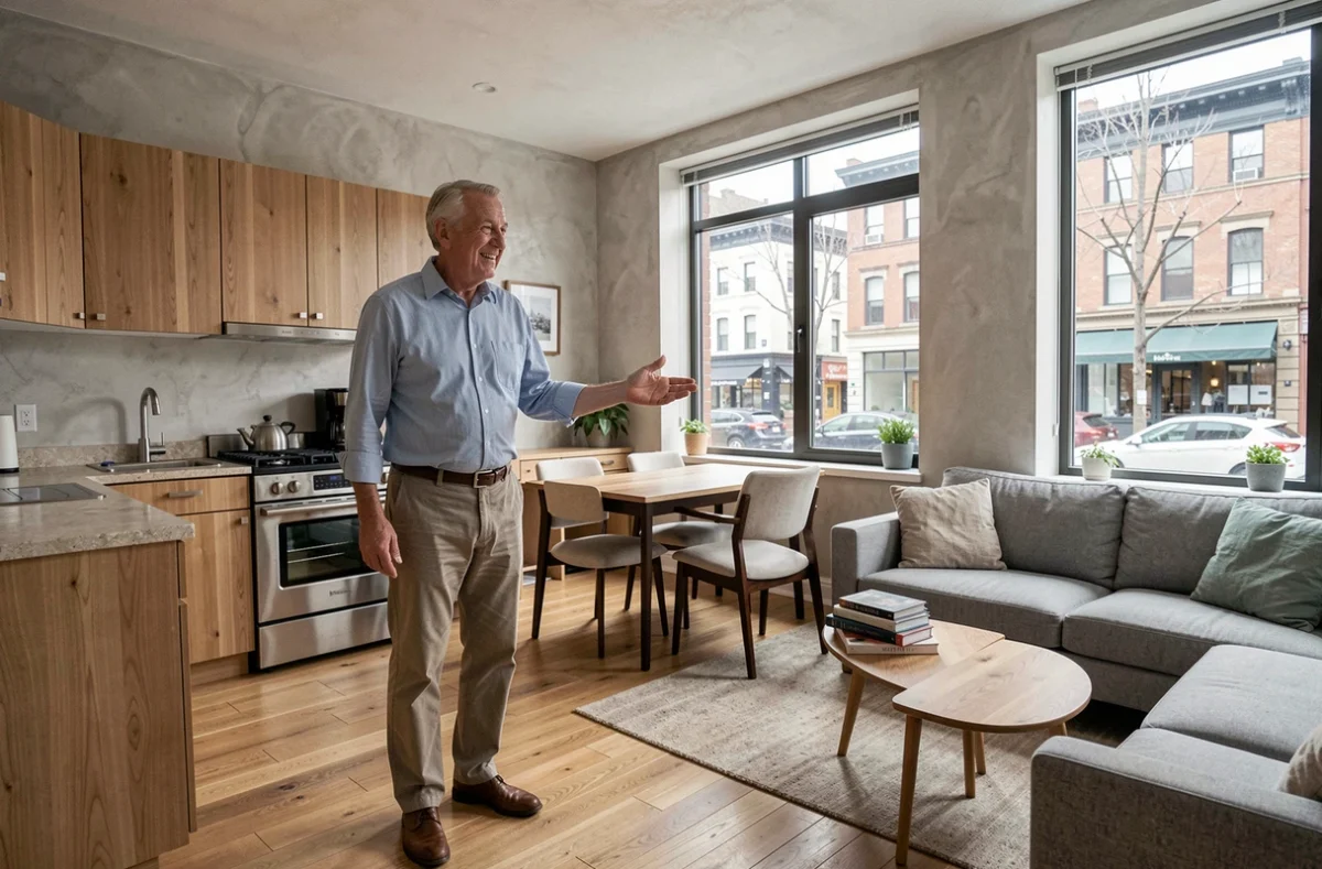Propriétaire bailleur présentant un appartement meublé en location LMNP dans un immeuble urbain