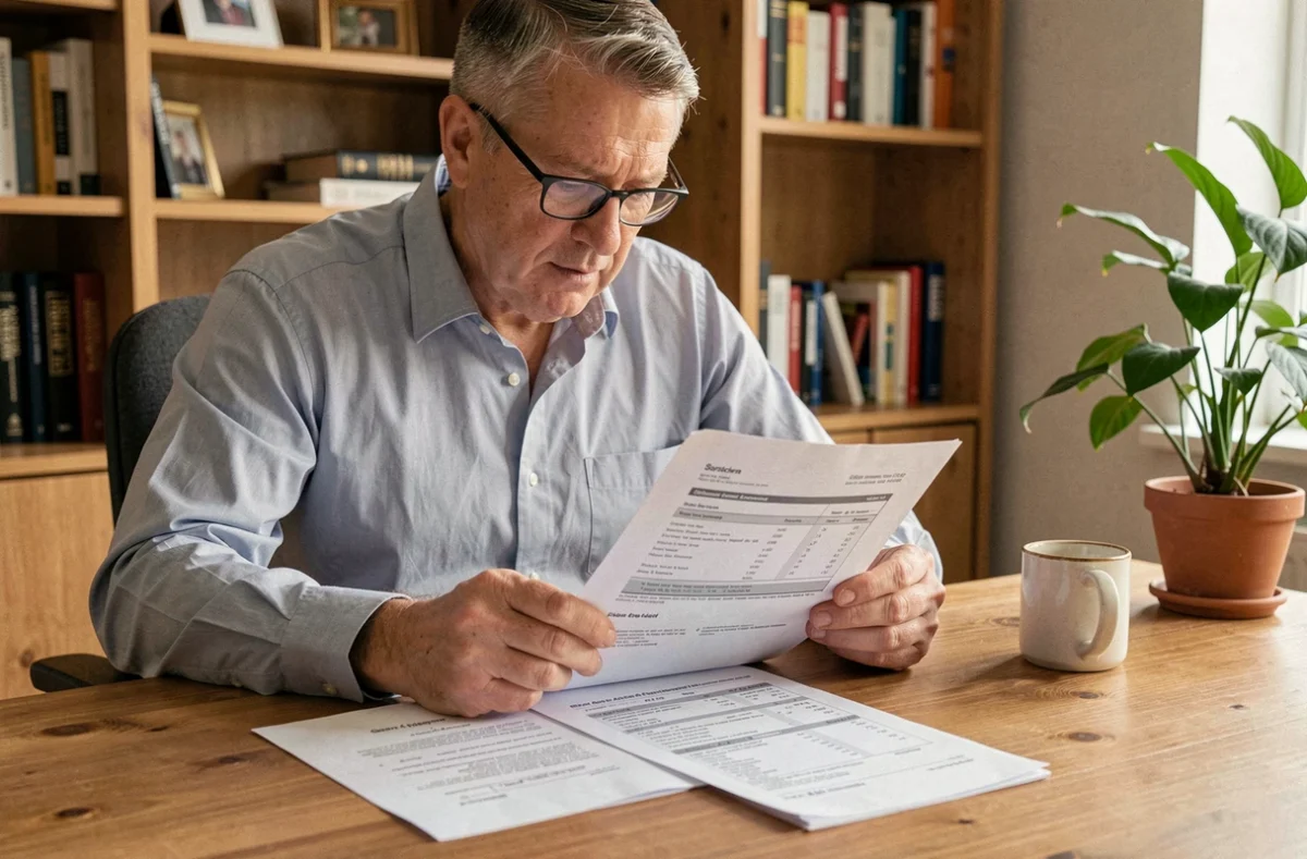 Propriétaire bailleur examinant un bail locatif et une facture de plomberie pour déterminer les responsabilités