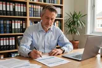 Propriétaire bailleur en LMNP étudiant les plafonds de revenus locatifs à ne pas dépasser sur des documents fiscaux