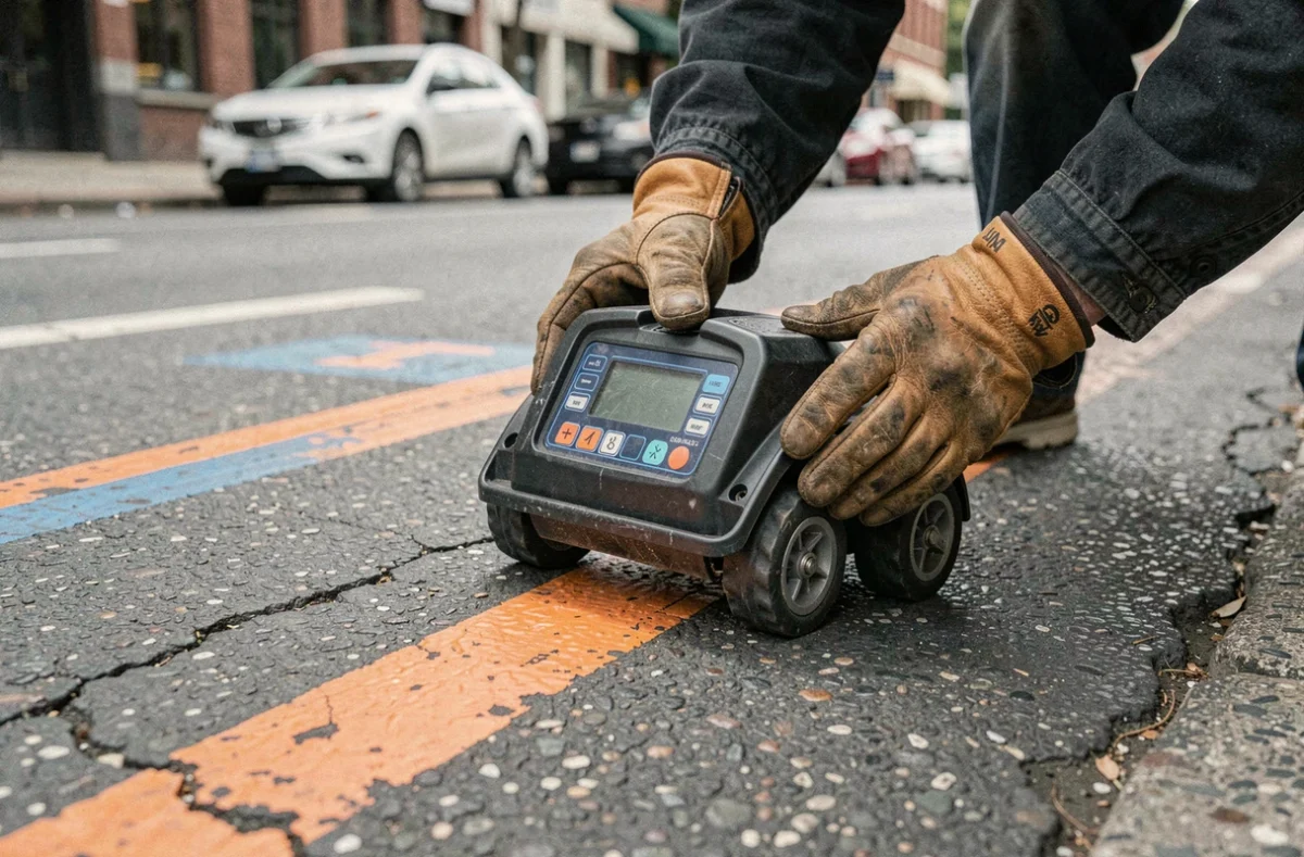 Radar à pénétration de sol utilisé pour détecter des canalisations sous une route urbaine