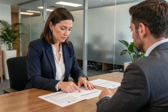 Une femme renégocie le taux d'intérêt de son prêt immobilier avec un conseiller bancaire dans une agence moderne