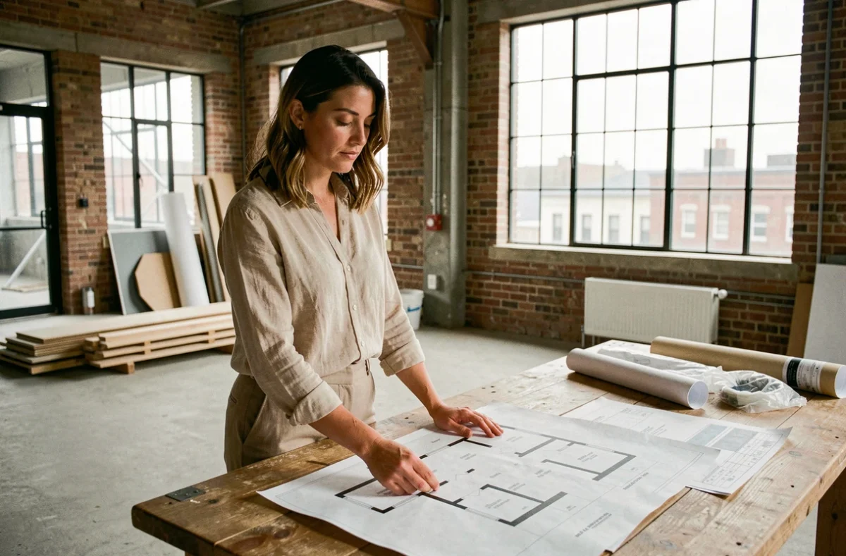 Femme inspectant des plans d'architecte dans un loft industriel en cours de rénovation immobilière