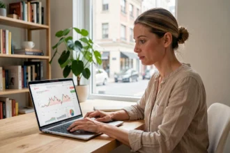 Femme analysant la rentabilité Airbnb sur un ordinateur portable dans un bureau moderne à domicile