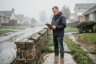 Un homme en imperméable examine les dégâts d'une inondation dans une rue résidentielle submergée