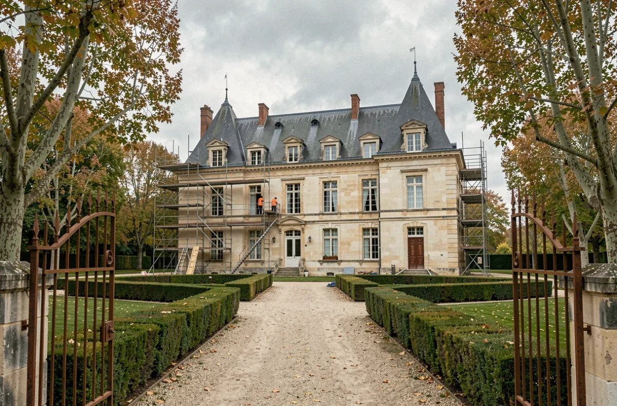 Travaux de restauration sur un château classé monument historique en France avec échafaudages