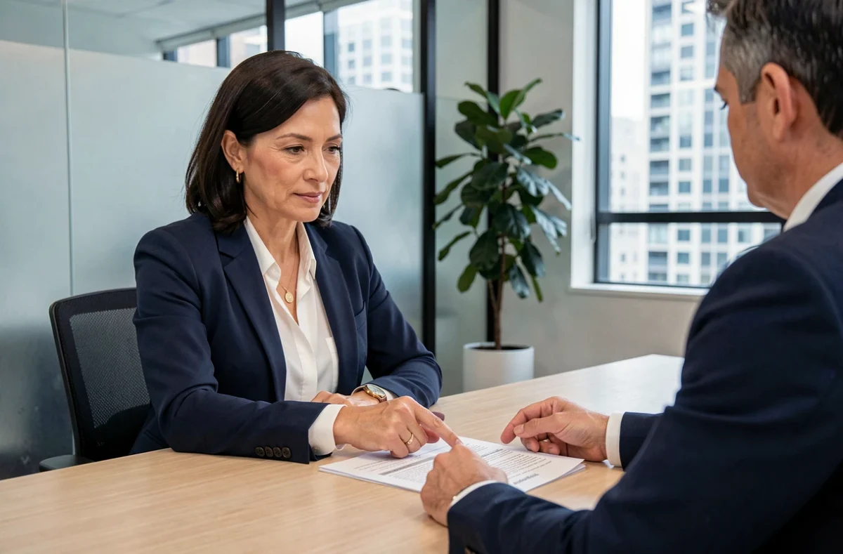 Femme discutant des conditions de retrait de sa garantie de bail avec un agent immobilier dans une agence moderne