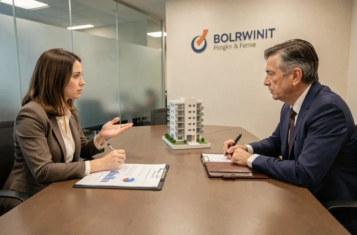 Réunion bancaire entre des associées de SCI et un conseiller financier pour discuter du financement d'un bien immobilier en société civile immobilière