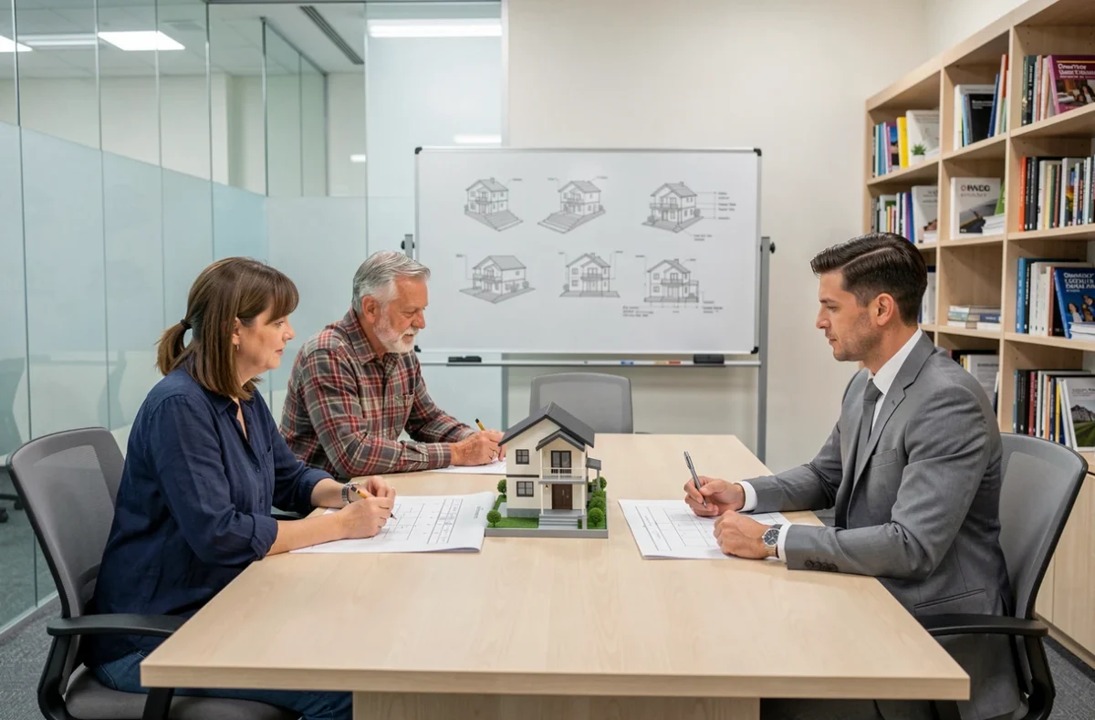Couple de futurs propriétaires en réunion avec un professionnel du bâtiment autour de plans de maison