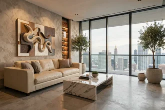 Salon d'un appartement de luxe avec vue panoramique sur la ville, mobilier haut de gamme et matériaux nobles