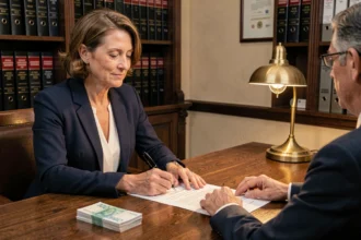 Femme signant un compromis de vente chez le notaire avec des billets et un chèque posés sur le bureau