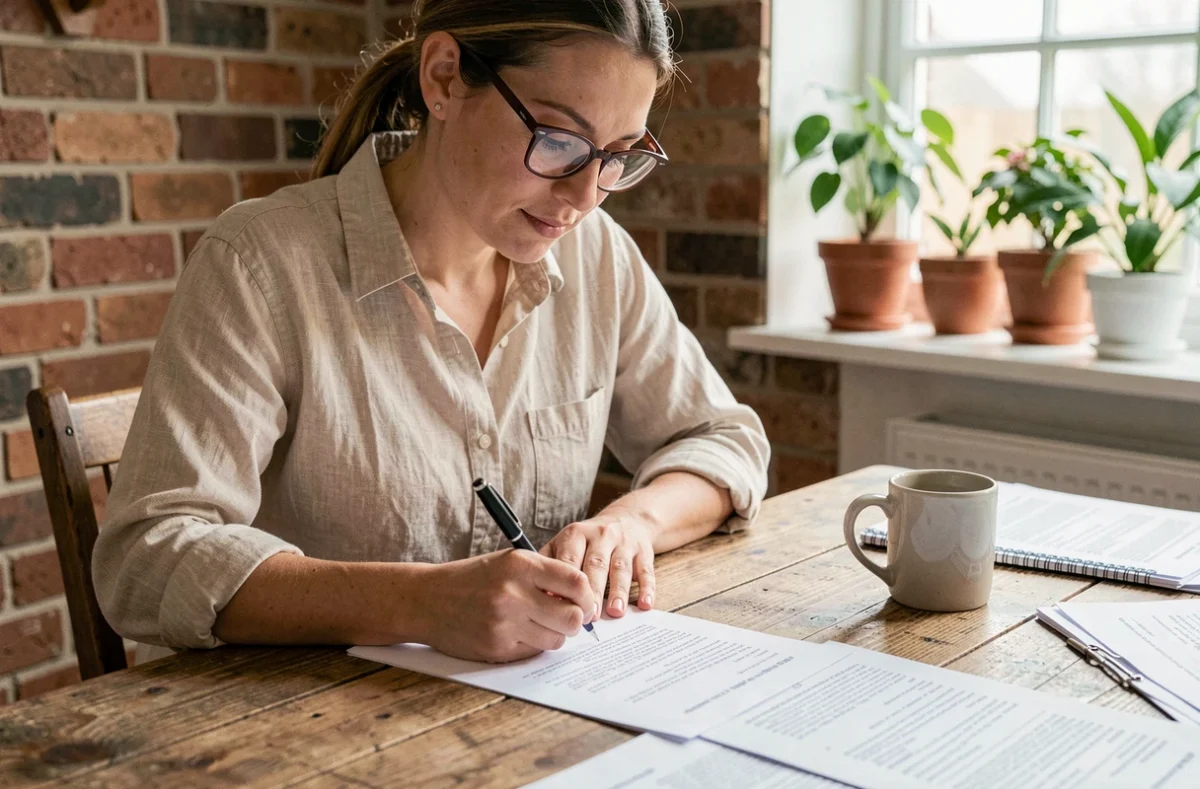 Femme lisant et signant un contrat de bail avec clause résolutoire à son domicile, installée à une table en bois rustique