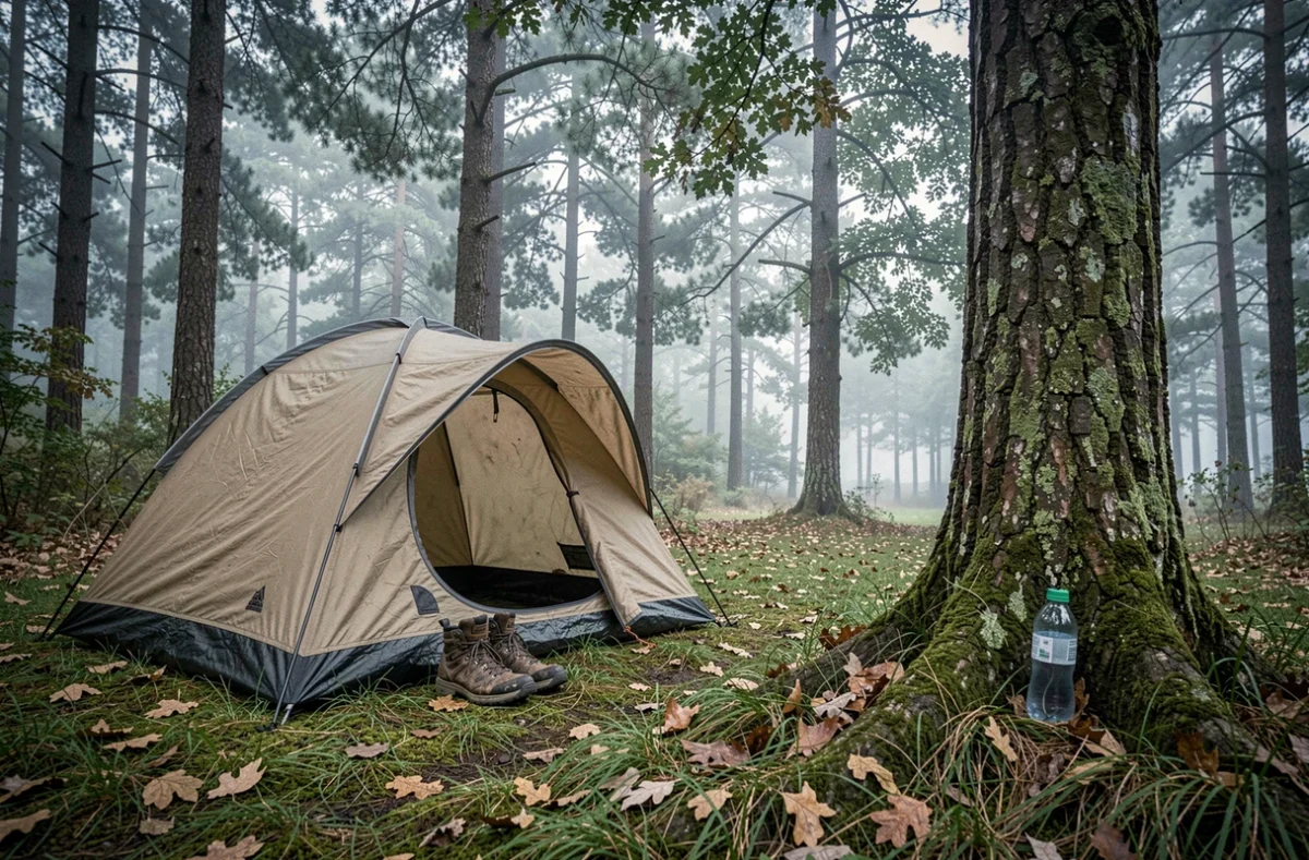 Tente de camping installée dans une clairière forestière, illustrant la problématique légale de bivouaquer ou dormir dehors en France