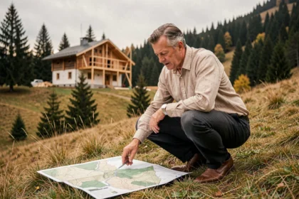 Architecte étudiant un plan topographique sur un terrain en pente pour la construction d'un chalet en montagne