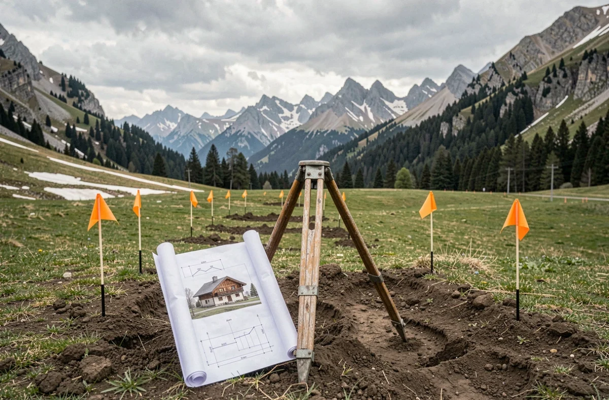 Terrain vierge en prairie alpine avec piquets de bornage et plan de chalet prêt à construire en montagne