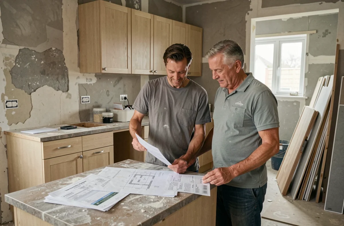 Couple examinant des factures de travaux de rénovation pour déduire les dépenses de la plus-value immobilière