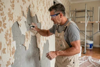 Ouvrier en train de gratter un mur endommagé par un dégât des eaux lors de travaux de rénovation intérieure