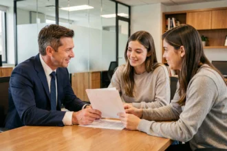 Courtier hypothécaire expliquant les différents types de prêts immobiliers à un jeune couple dans un bureau bancaire moderne