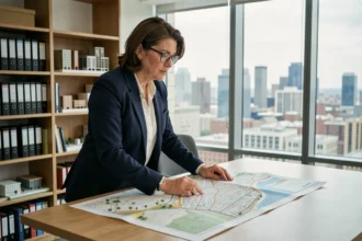 Urbaniste analysant un plan de développement urbain dans un bureau de planification municipale pour contenir l'étalement urbain