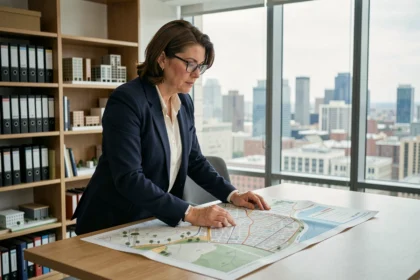 Urbaniste analysant un plan de développement urbain dans un bureau de planification municipale pour contenir l'étalement urbain