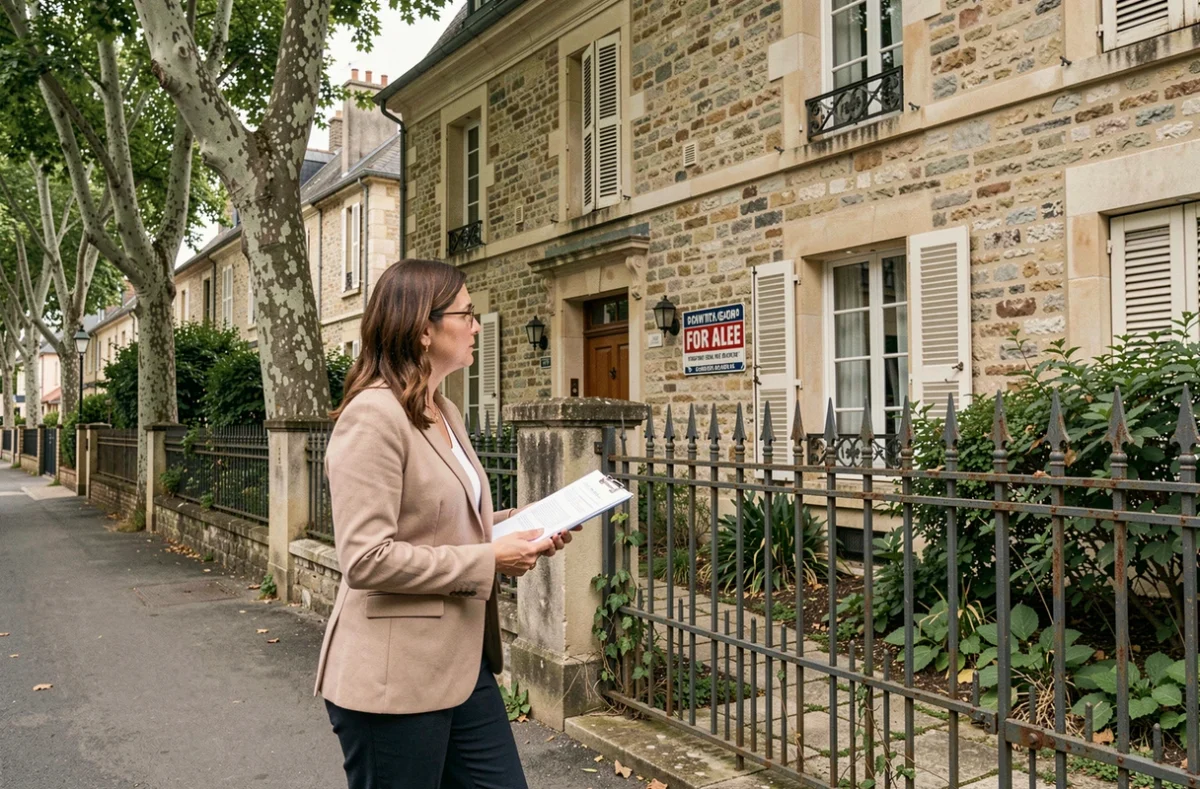 Femme devant une résidence secondaire française à vendre évaluant l'impact fiscal de la plus-value immobilière