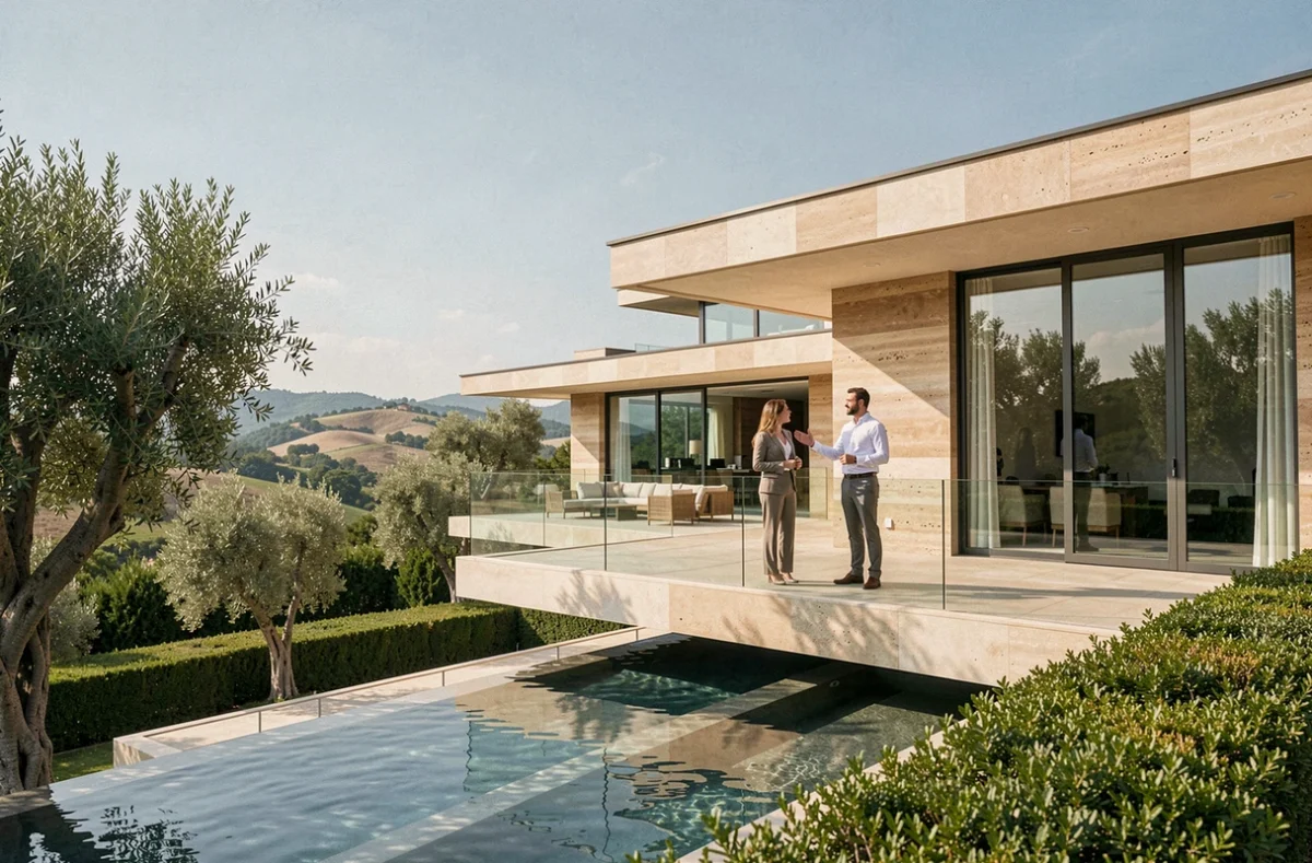 Villa de luxe avec piscine à débordement et terrasse panoramique présentée à des acheteurs potentiels