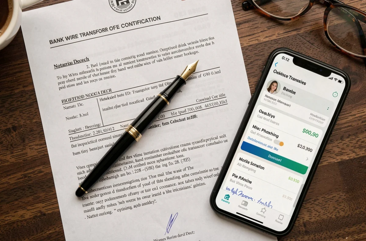 Vue aérienne d'un bureau avec virement bancaire confirmé, acte notarié et stylo plume illustrant le transfert de fonds au notaire