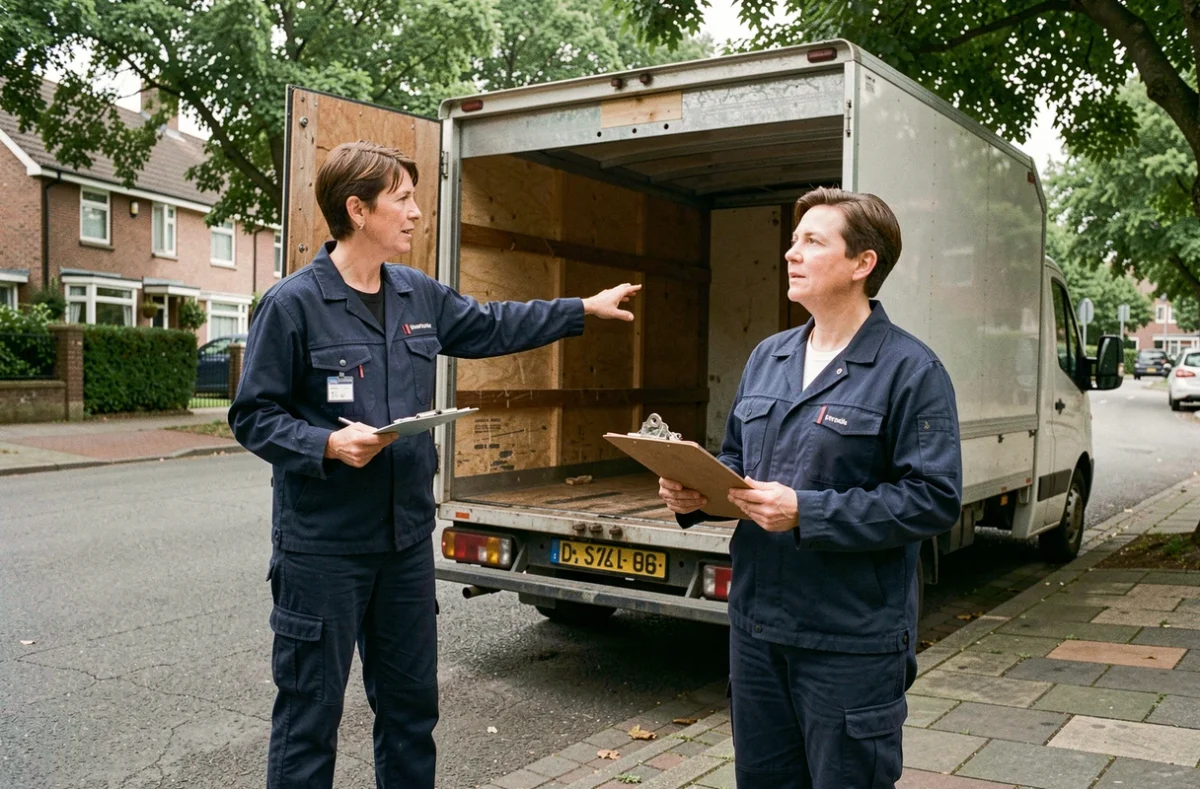 Femme professionnelle évaluant la capacité de chargement d'un camion de déménagement représentant environ 3m3
