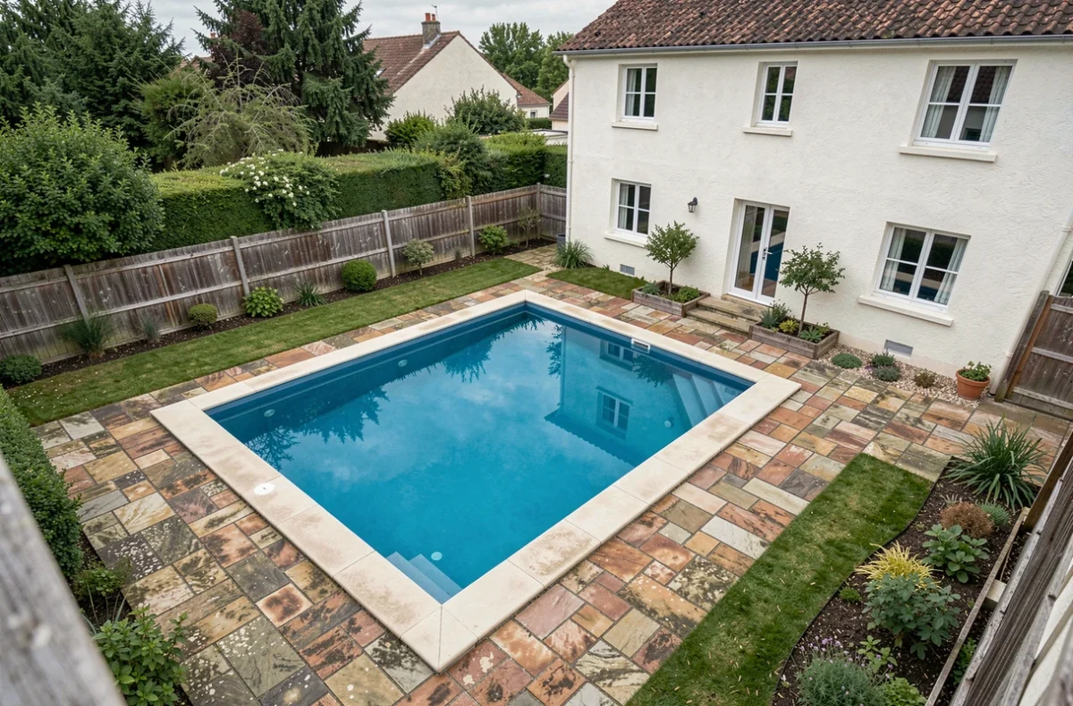 Vue aérienne d'une piscine rectangulaire dans un jardin résidentiel français montrant la distance avec la maison