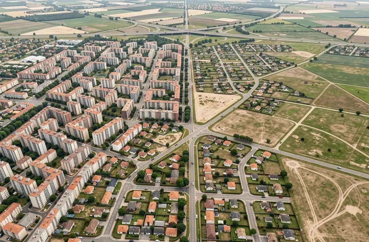 Vue aérienne de la transition entre tissu urbain dense et expansion périurbaine avec lotissements pavillonnaires et champs agricoles fragmentés