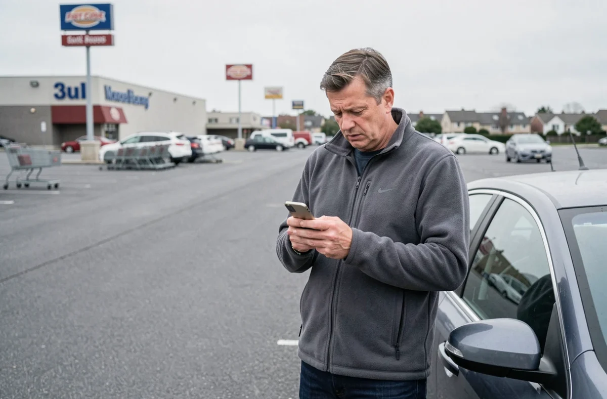 Homme en zone commerciale périurbaine dans un grand parking illustrant la dépendance à la voiture et les modes de vie périurbains